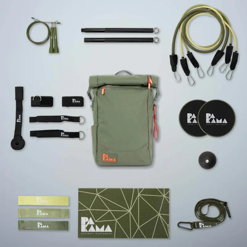 Pakama Fitness-Rucksack mit komplettem Equipment: Bänder, Matte, Sling Trainer, Springseil
