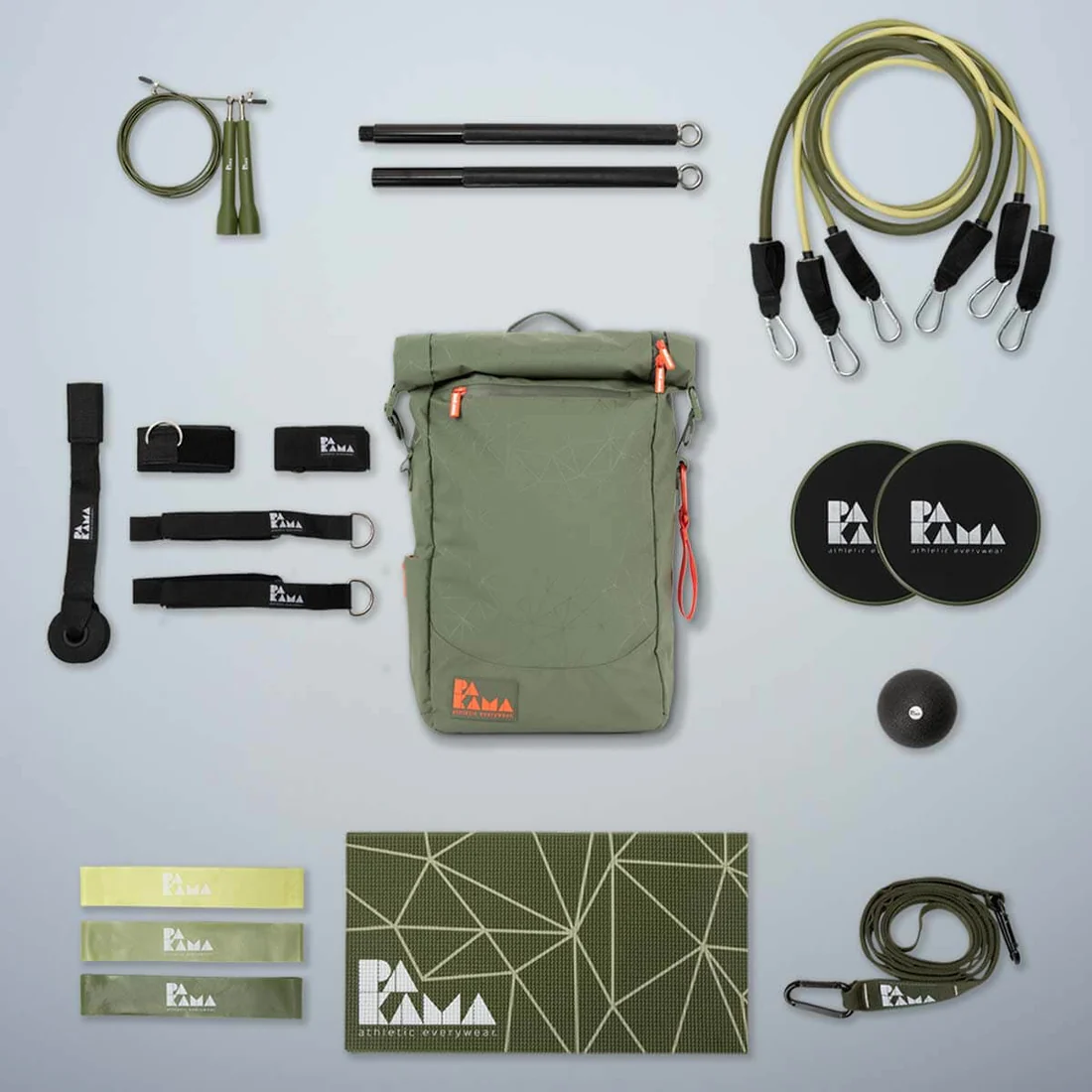 Pakama Fitness-Rucksack mit komplettem Equipment: Bänder, Matte, Springseil, Sling-Trainer